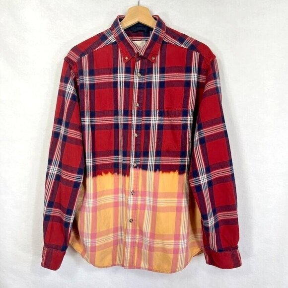 Urban Renewal Mens Flannel Shirt Plaid Dip Bleached Button Down Grunge Large - Picture 1 of 6